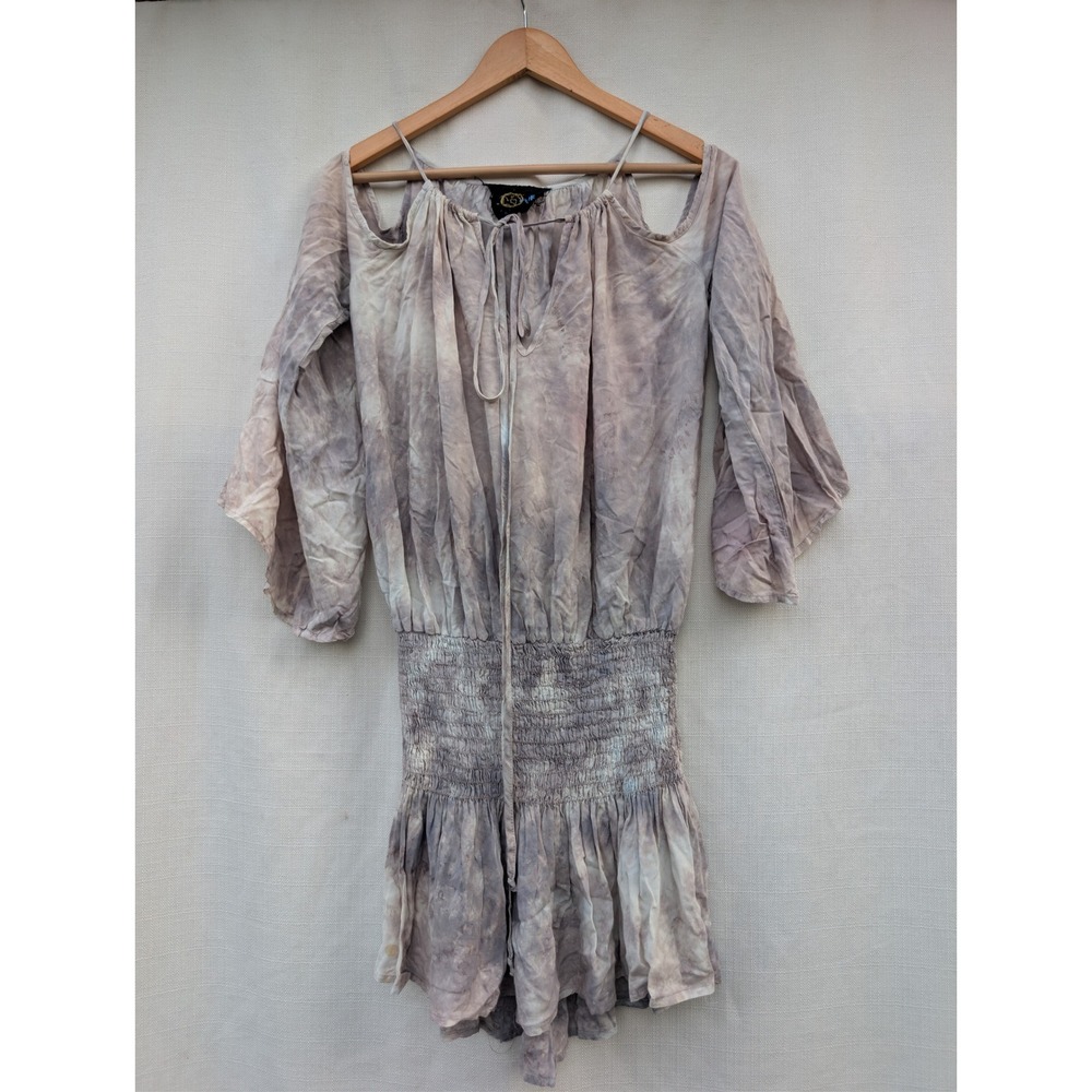 BLUE LIFE Smocked Drop Waist Dress Womens XS Grey Tie Dye Cold Shoulder Boho
